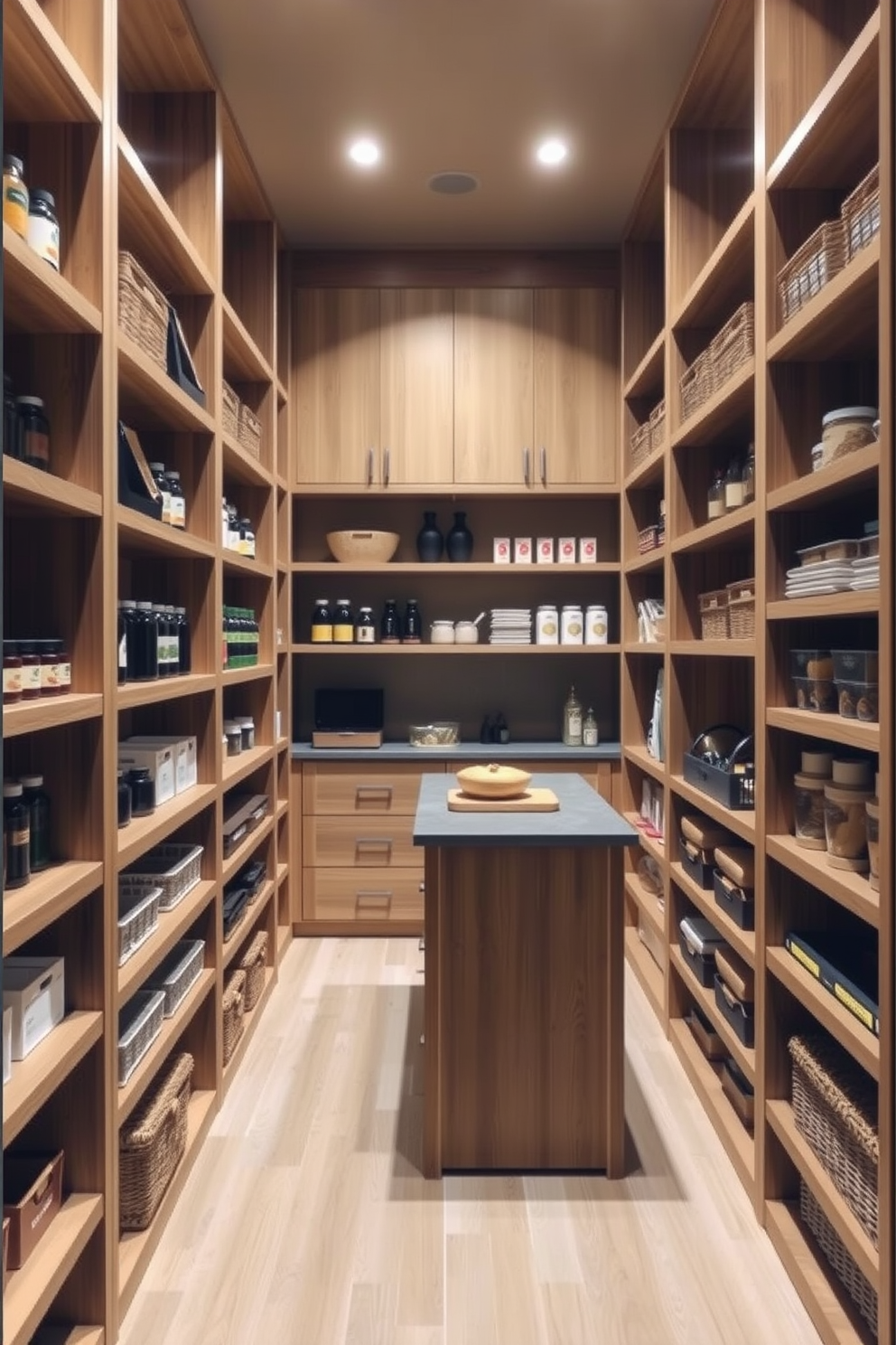 A spacious walk-in pantry featuring floor-to-ceiling shelving made of natural wood. The shelves are neatly organized with jars, spices, and baskets, creating a functional and aesthetically pleasing storage solution. The pantry includes a central island with additional storage and a countertop for meal prep. Soft, warm lighting illuminates the space, enhancing the inviting atmosphere while maintaining a clean and modern look.