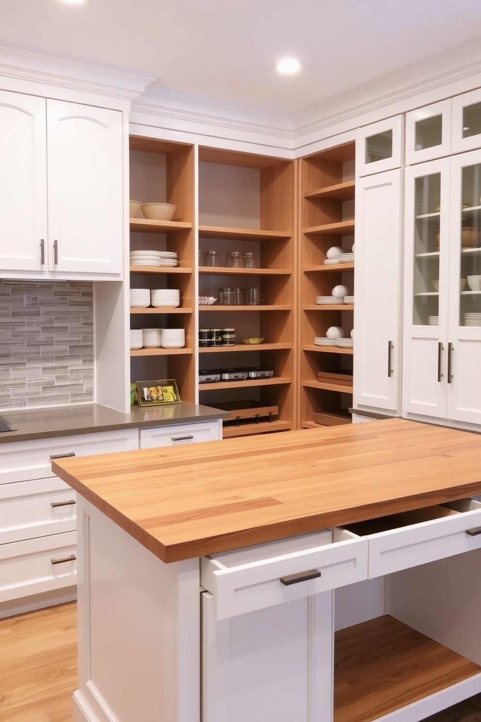 A spacious pantry island designed for additional workspace features a large wooden countertop with ample room for meal prep. The cabinetry is a mix of open shelving and closed cabinets, painted in a soft white finish to enhance brightness. The kitchen pantry cabinet design includes sleek pull-out drawers and adjustable shelves for optimal organization. A subtle backsplash in a muted tile pattern adds a touch of elegance while maintaining functionality.