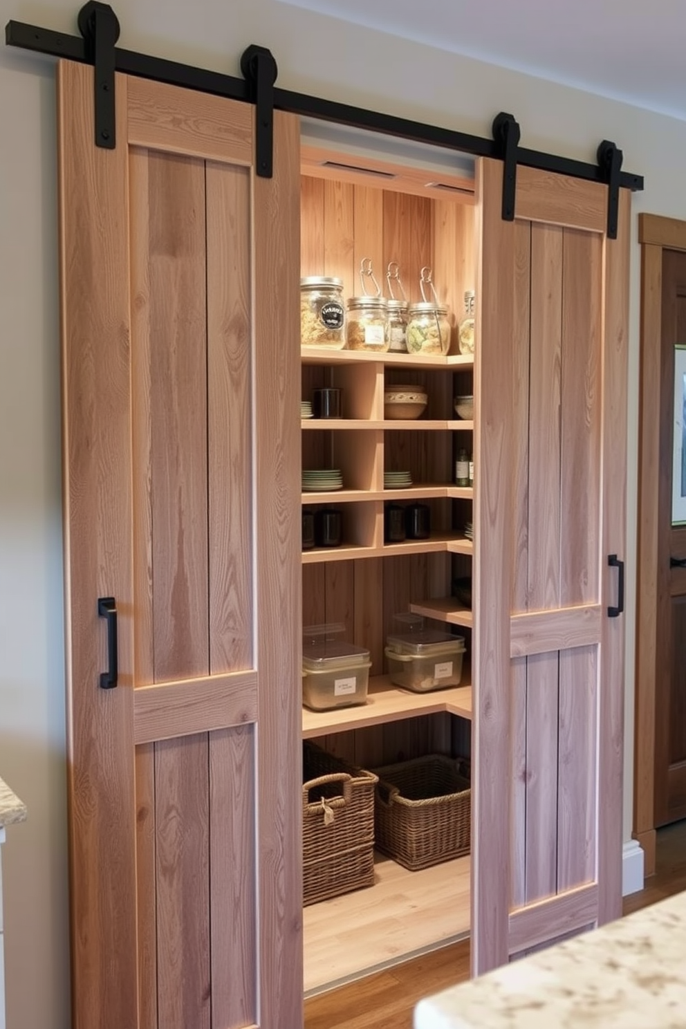 A charming kitchen pantry featuring sliding barn doors made of reclaimed wood. The interior is organized with open shelves displaying neatly arranged jars and baskets for a rustic yet functional look. The pantry showcases a mix of vintage and modern elements with a distressed finish on the barn doors. Soft lighting illuminates the space, enhancing the warm tones of the wood and creating an inviting atmosphere.