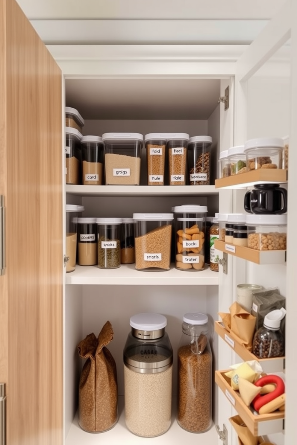 A modern kitchen pantry cabinet features stackable containers in various sizes, neatly organized on open shelves for easy access. The cabinet is painted in a soft white finish, complemented by natural wood accents that add warmth and texture to the space. The containers are labeled clearly, showcasing a mix of grains, spices, and snacks, creating a visually appealing and functional display. Soft LED lighting illuminates the pantry, highlighting the organized arrangement and inviting a sense of order and efficiency.