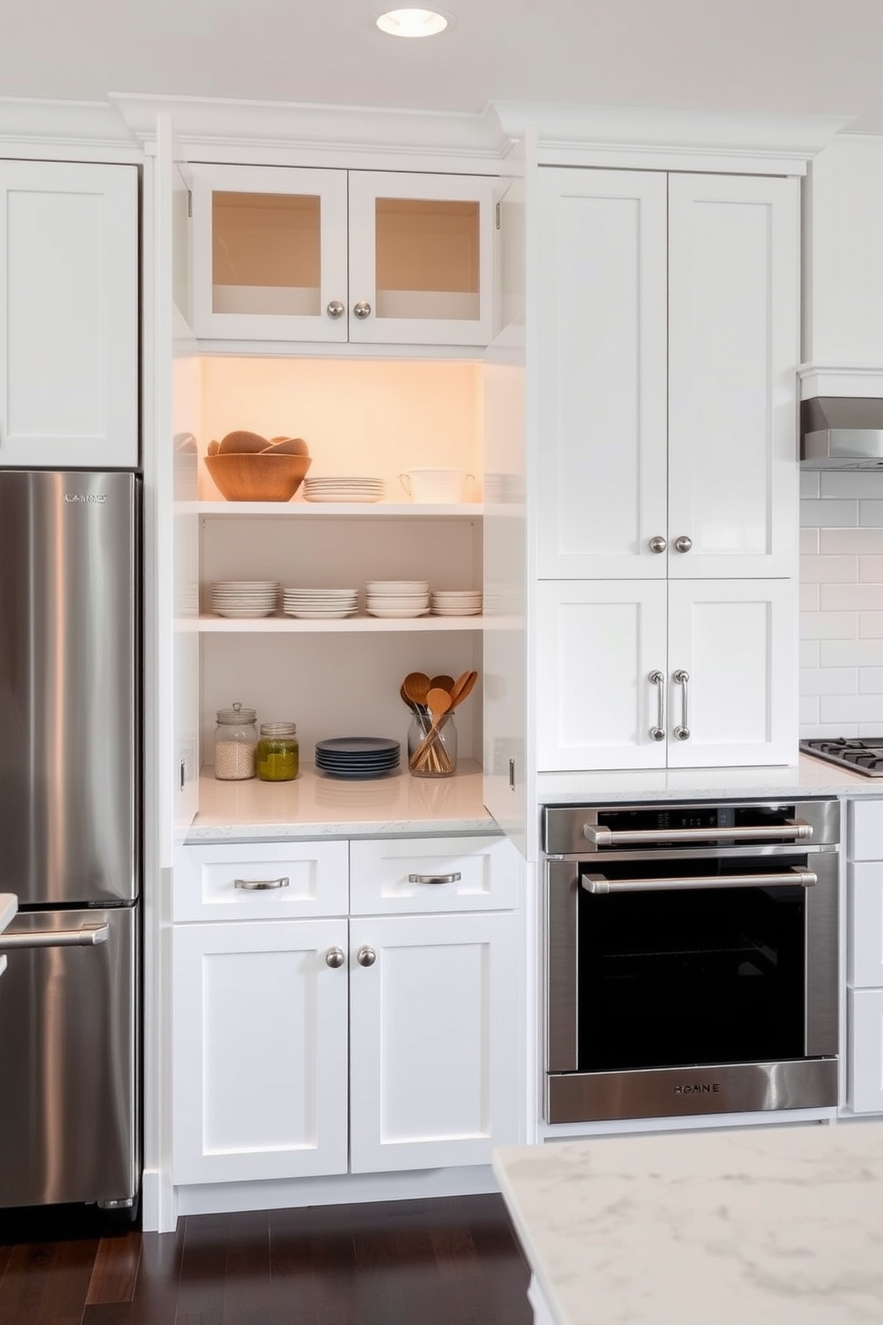 A spacious kitchen featuring white cabinetry that creates a clean and bright atmosphere. The pantry cabinet is seamlessly integrated with the kitchen design, showcasing open shelving and elegant hardware for easy access and organization.