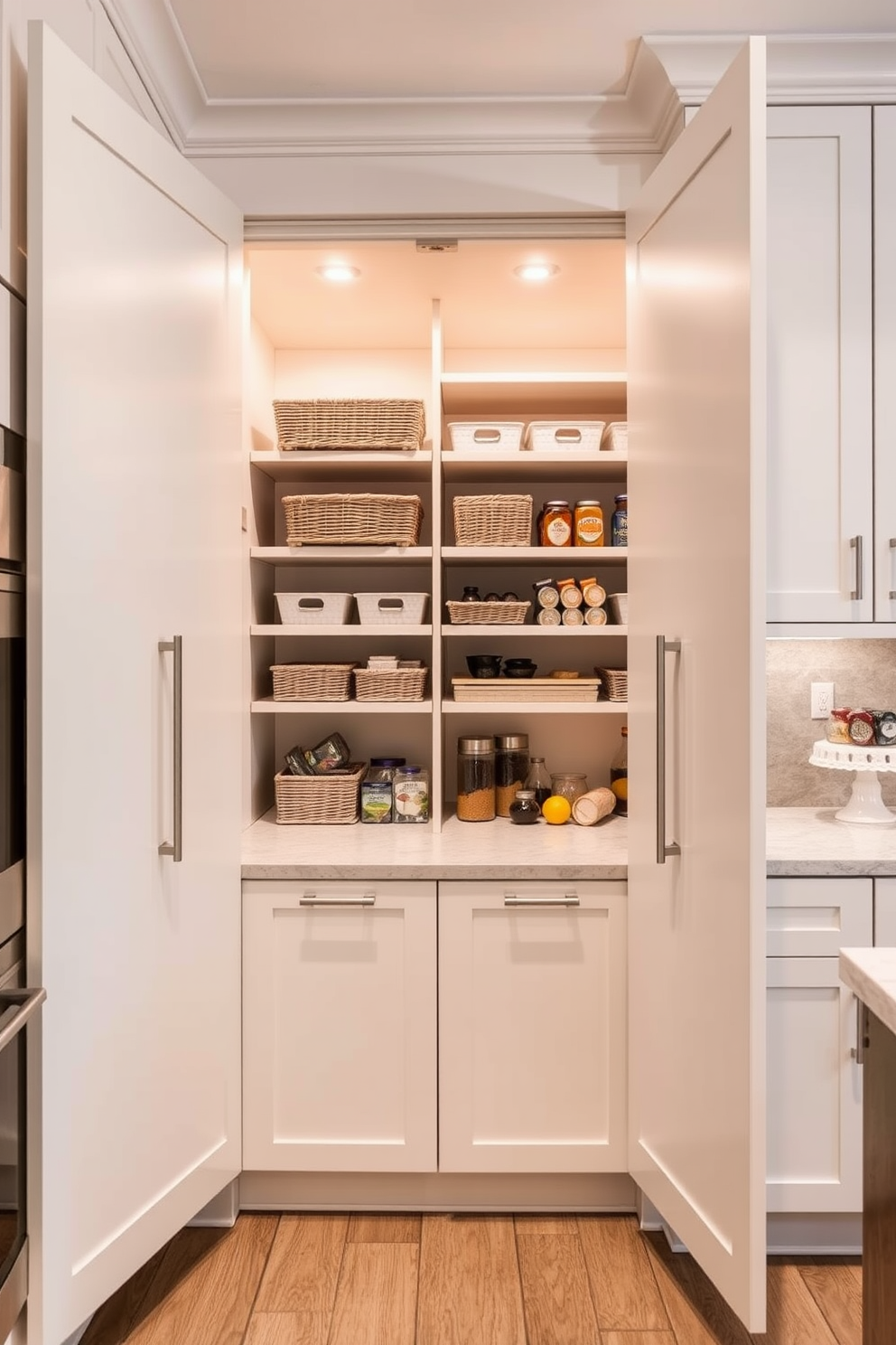 A hidden pantry seamlessly integrated behind kitchen cabinetry features sleek, minimalist doors that blend with the surrounding cabinetry. Inside, the pantry is organized with pull-out shelves and baskets, providing ample storage for dry goods and kitchen essentials. The pantry design incorporates ambient lighting to enhance visibility and accessibility. A small countertop area within the pantry allows for easy meal prep and ingredient access.