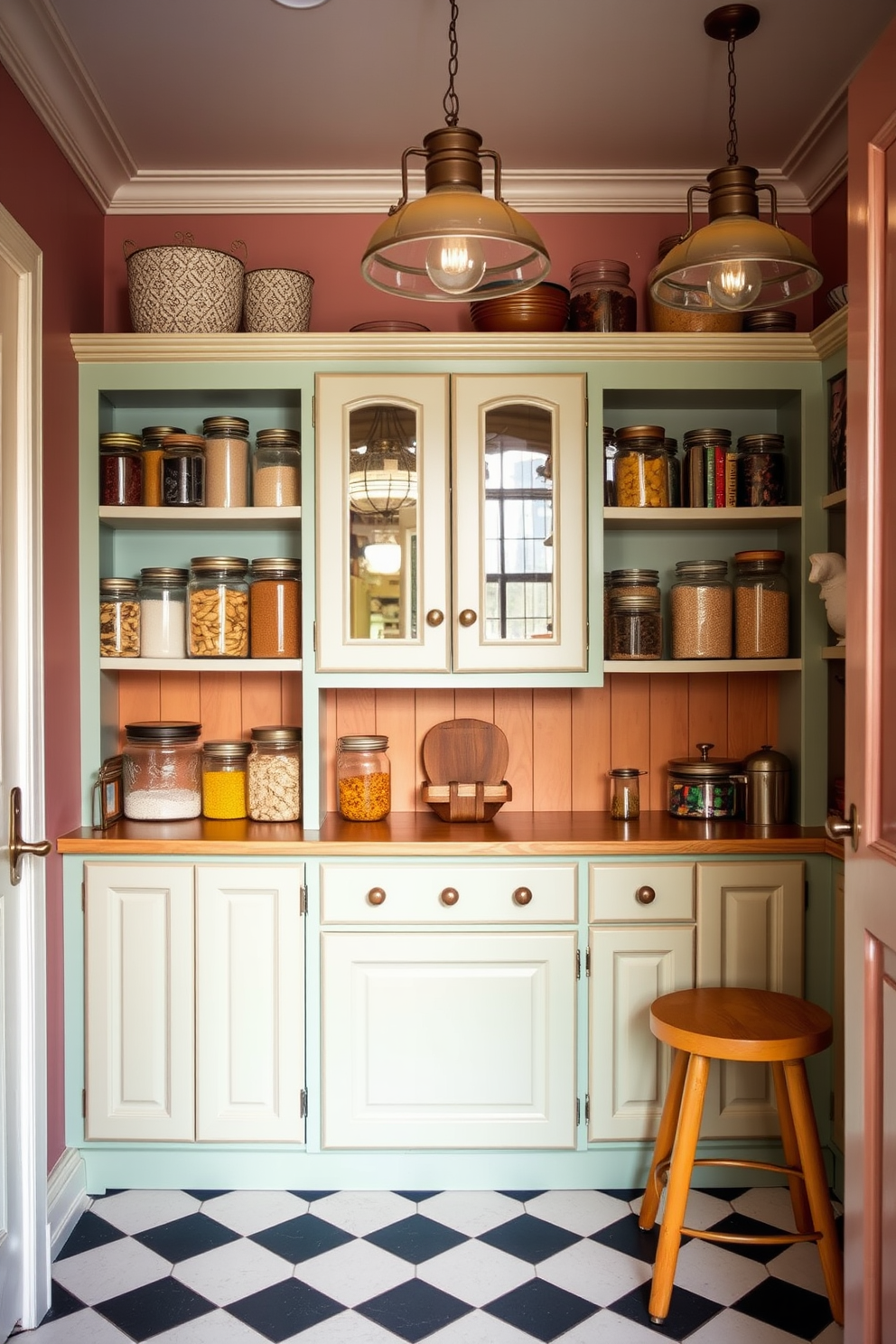 A vintage-style pantry with retro finishes features a charming wooden cabinet painted in soft pastel colors. The shelves are stocked with glass jars filled with colorful spices and grains, adding a pop of color to the warm wood tones. The pantry includes a classic checkered floor that complements the retro aesthetic, with a cozy nook for a small wooden table. Vintage-inspired lighting fixtures hang from the ceiling, casting a warm glow over the space.