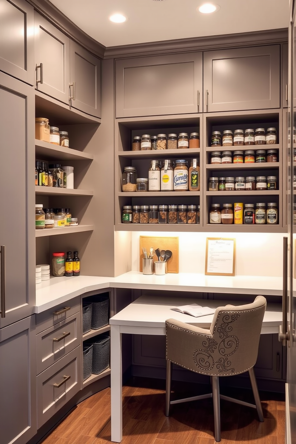 A multi-functional pantry featuring a sleek desk area for meal planning and organization. The pantry includes custom cabinetry with ample storage, showcasing open shelves filled with jars of spices and ingredients. The desk area is equipped with a comfortable chair and a small bulletin board for notes and recipes. Soft lighting illuminates the space, creating an inviting atmosphere for culinary creativity.