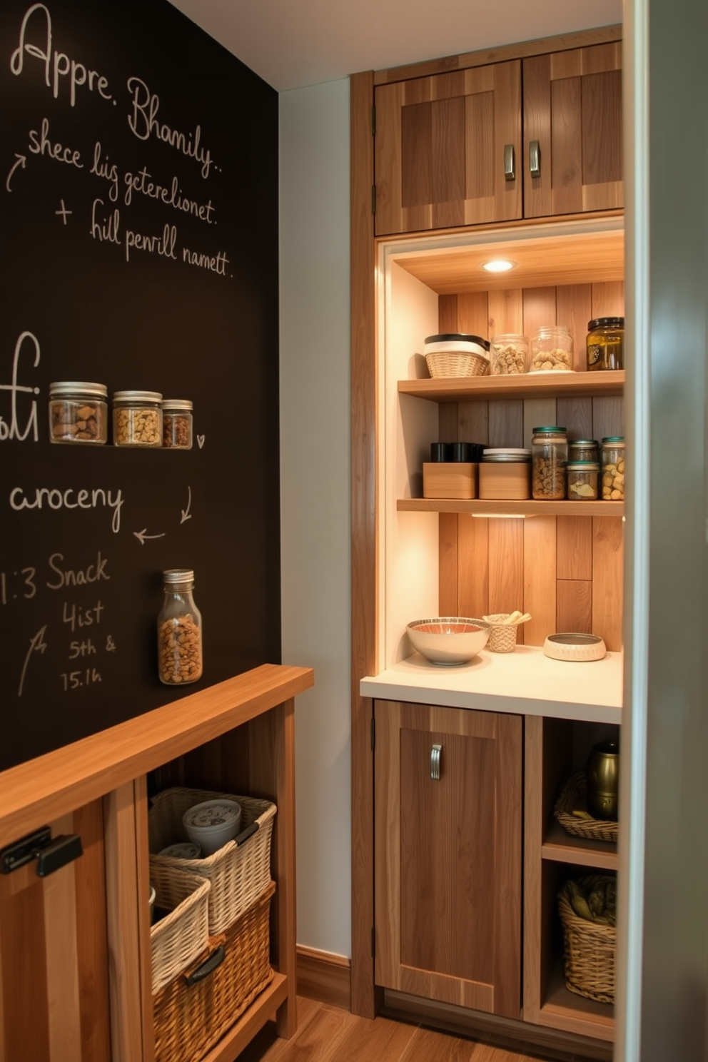 A cozy pantry features a chalkboard wall where family members can jot down notes and grocery lists. The pantry is designed with open shelving, showcasing neatly organized jars and baskets for easy access to snacks and ingredients. The cabinetry is crafted from reclaimed wood, adding warmth and character to the space. Soft, ambient lighting highlights the natural textures and creates an inviting atmosphere for meal prep and planning.