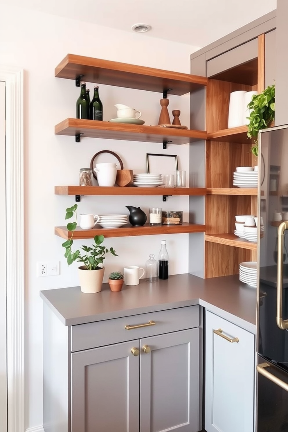 Floating shelves for a modern touch. The shelves are made of sleek wood with a natural finish and are mounted on white walls, displaying an array of stylish kitchenware and plants. Kitchen pantry cabinet design ideas. The cabinets feature a combination of open shelving and closed storage, painted in a soft gray hue, with brass handles that add a touch of elegance.