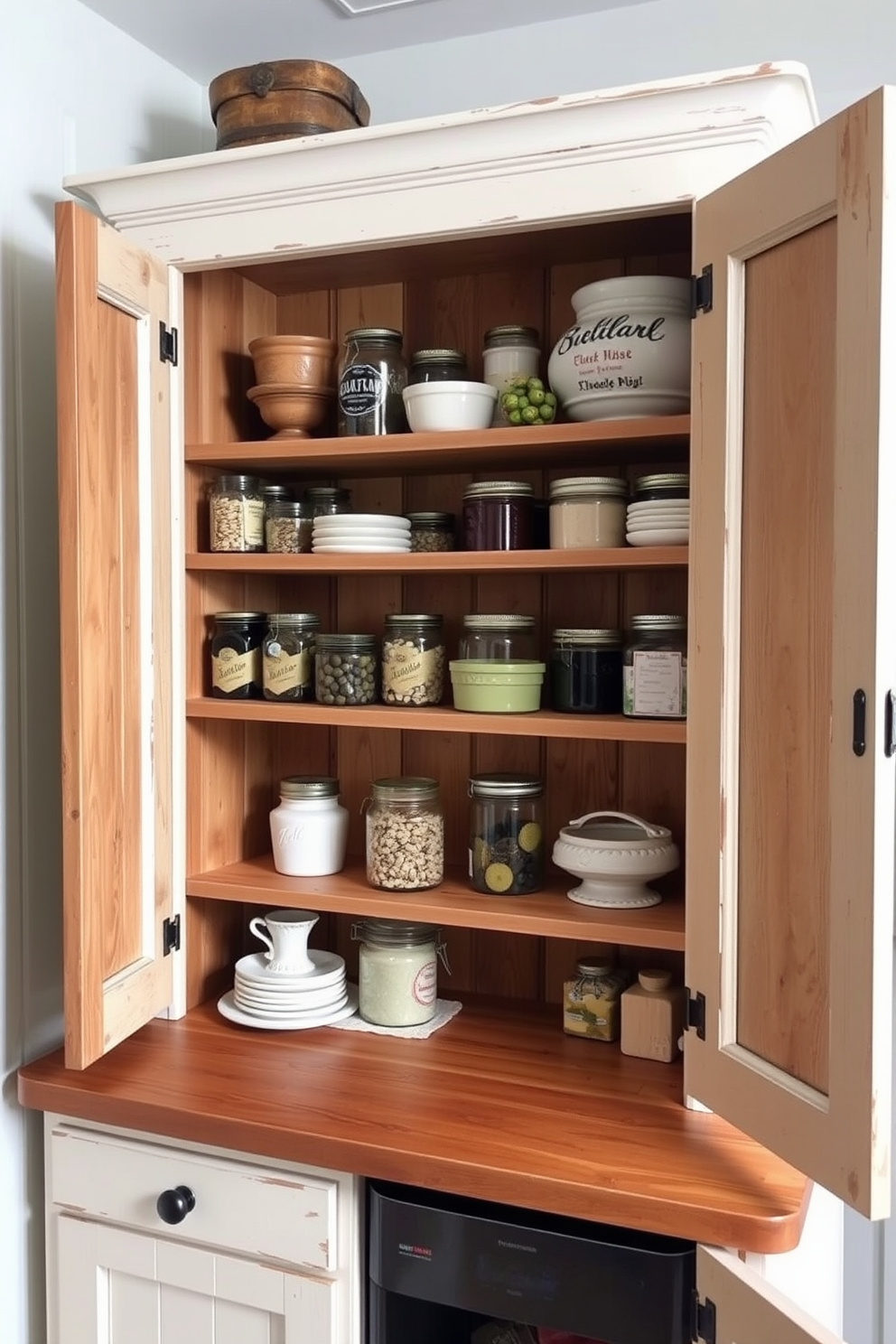 A rustic kitchen pantry cabinet featuring open wooden shelves that showcase neatly arranged jars and farmhouse decor. The cabinet is painted in a soft white with distressed edges, complemented by a wooden countertop and vintage hardware for a charming, cozy feel.