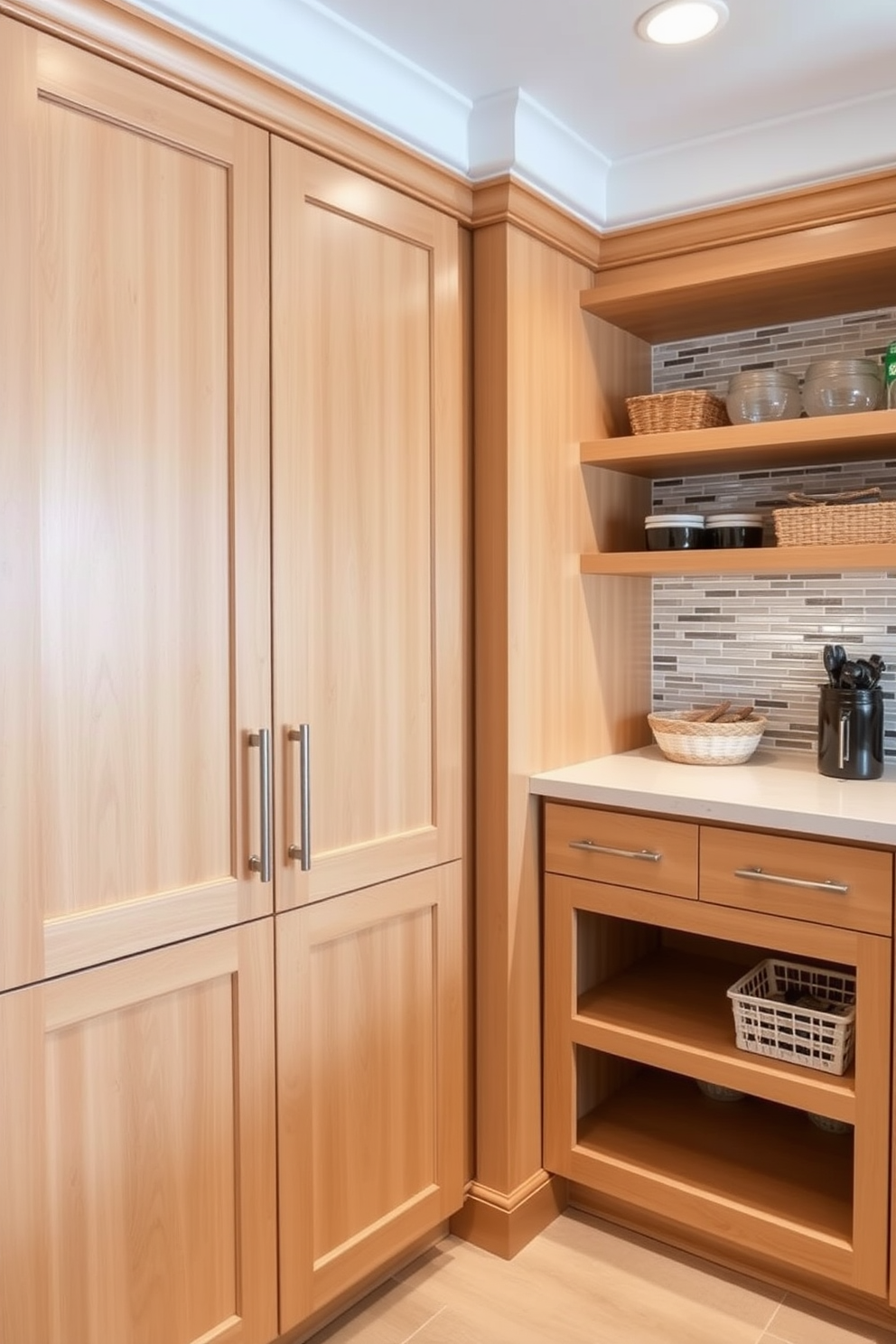 A stylish kitchen pantry featuring a sleek tile backsplash that adds a touch of elegance. The pantry cabinets are crafted from natural wood with a warm finish, providing ample storage space and a cozy atmosphere.