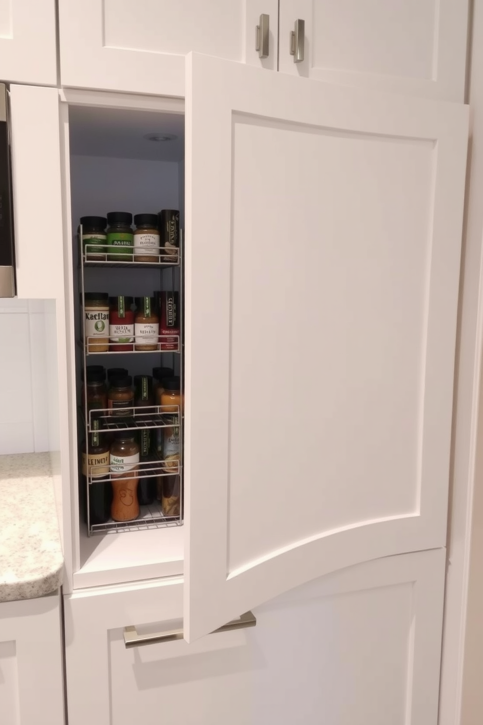 A modern kitchen pantry cabinet features an integrated spice rack cleverly designed within the cabinet door. The cabinet is finished in a sleek white with brushed nickel handles, providing a clean and functional look.