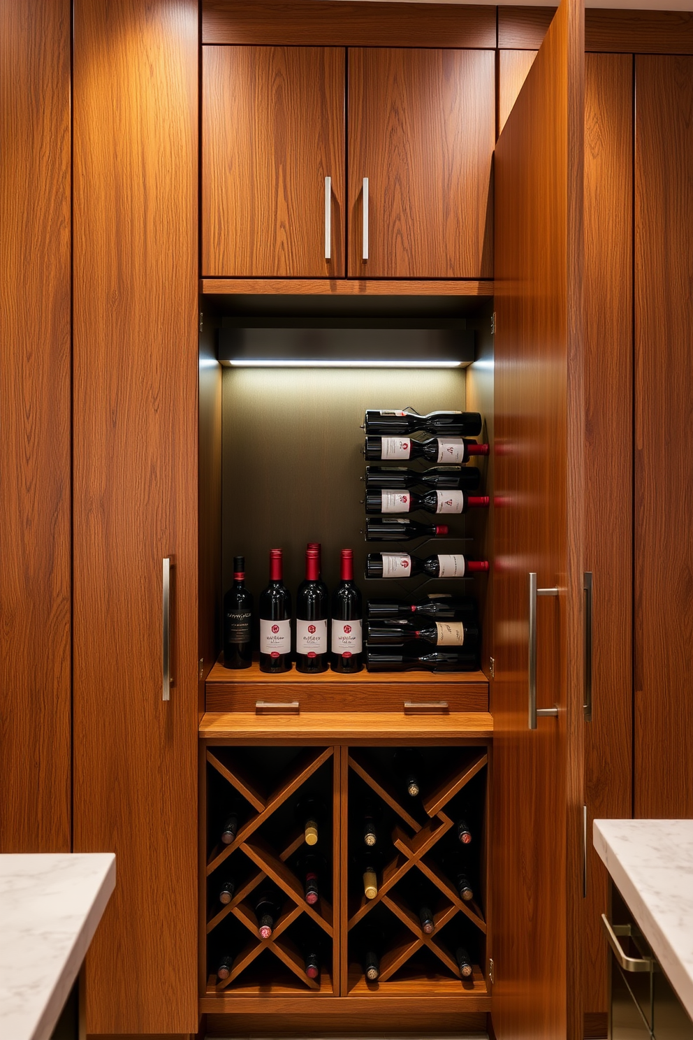 A stylish kitchen pantry featuring a built-in wine rack. The pantry cabinets are crafted from rich oak wood with sleek, modern hardware, complemented by a soft, ambient lighting that highlights the wine collection.