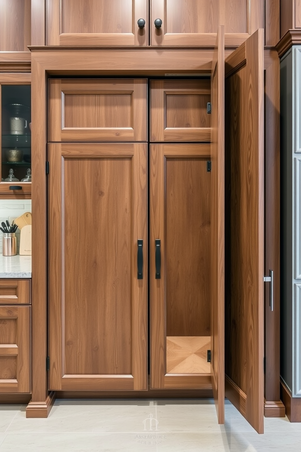 Custom cabinetry with unique hardware creates a stunning focal point in any kitchen. The pantry cabinet features intricate detailing and a blend of modern and rustic elements, showcasing craftsmanship and style.