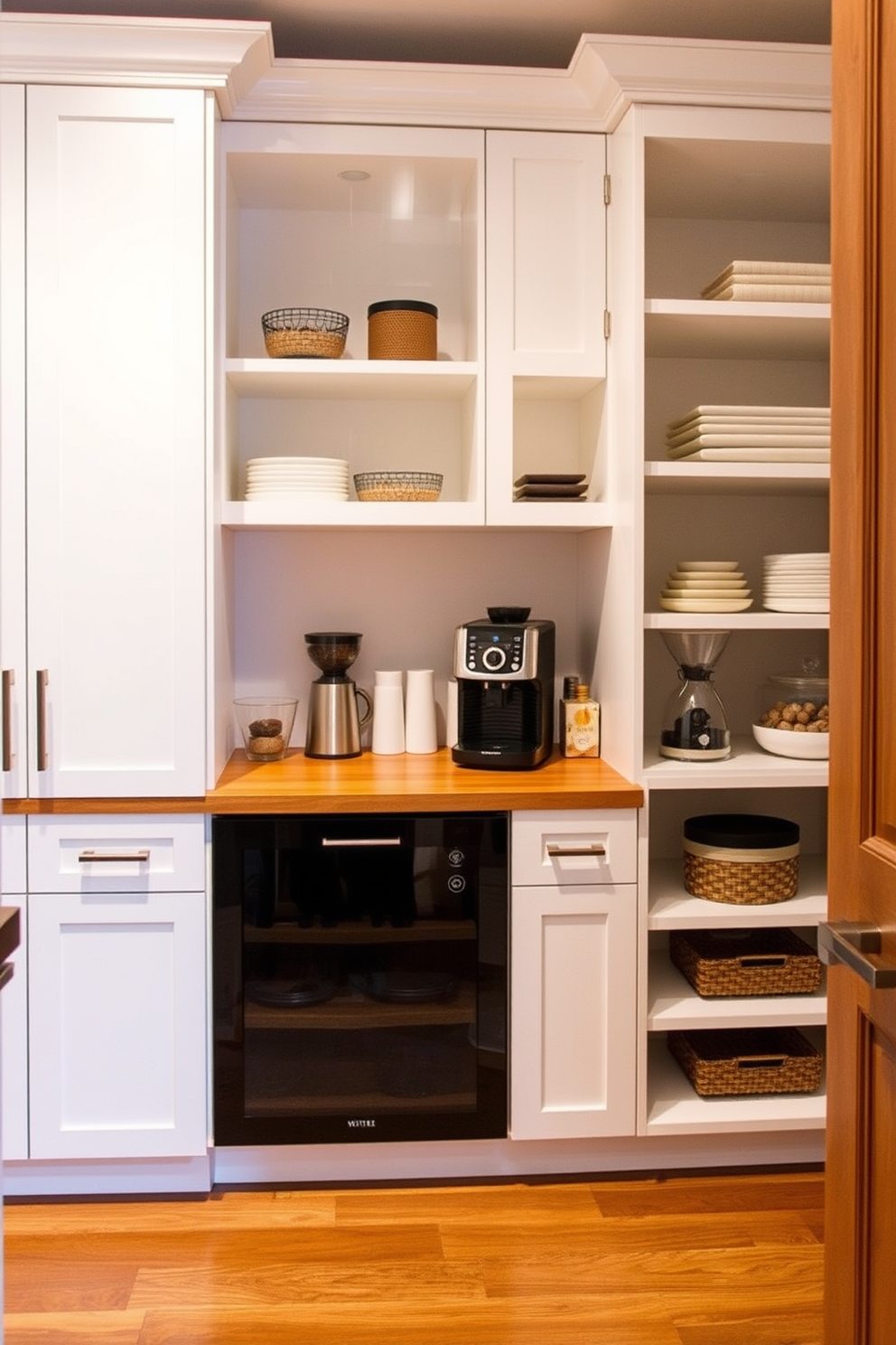 A stylish pantry featuring a built-in coffee station with sleek cabinetry. The coffee station includes a high-end espresso machine and neatly organized coffee supplies on a wooden countertop. The pantry cabinets are designed with a combination of open shelving and closed storage for functionality. The color scheme includes soft whites and warm wood tones, creating a welcoming atmosphere.