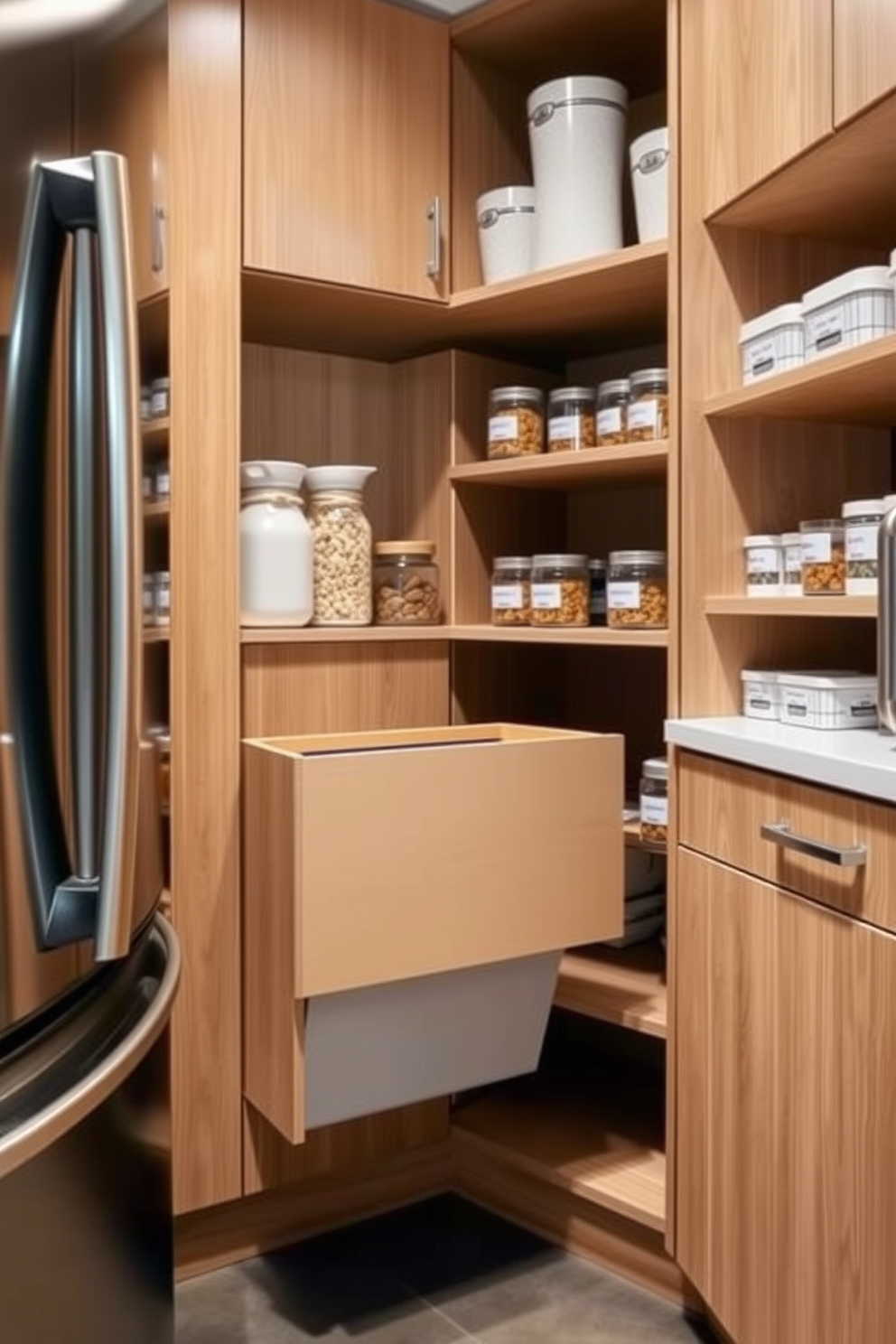 A modern pantry featuring a sleek pull-out trash bin seamlessly integrated into the cabinetry. The pantry cabinets are finished in a light oak wood, providing a warm and inviting atmosphere, while the shelves are organized with labeled containers for easy access.