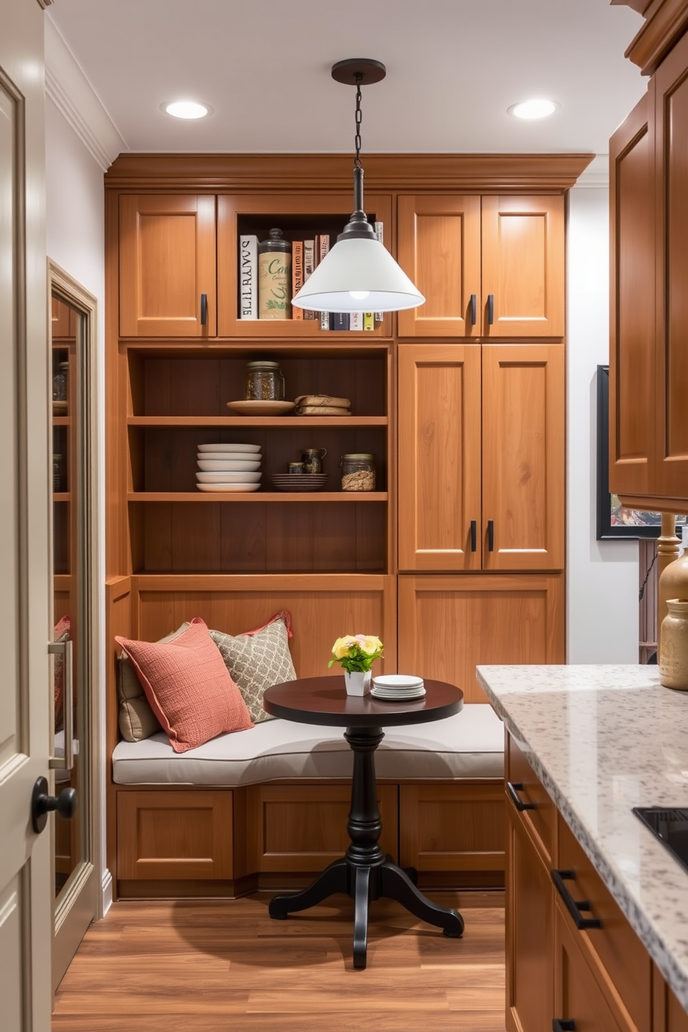 A charming pantry nook features a cozy seating area with plush cushions and a small round table. The space is illuminated by soft pendant lighting, creating an inviting atmosphere for casual meals or morning coffee. The kitchen pantry cabinet design showcases custom cabinetry in a warm wood finish, providing ample storage for dry goods and kitchen essentials. Open shelving above the cabinets displays decorative jars and cookbooks, adding a personal touch to the functional space.