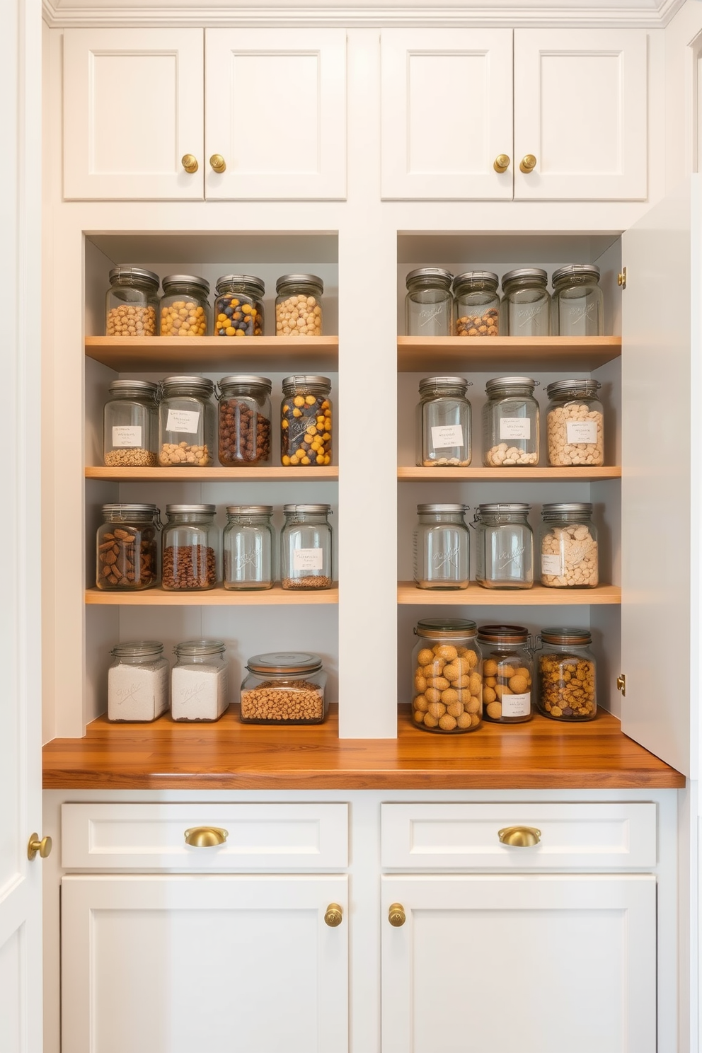 A stylish pantry featuring decorative glass jars neatly arranged on open shelves. The cabinets are painted in a soft white hue, complemented by a warm wooden countertop and brass hardware.