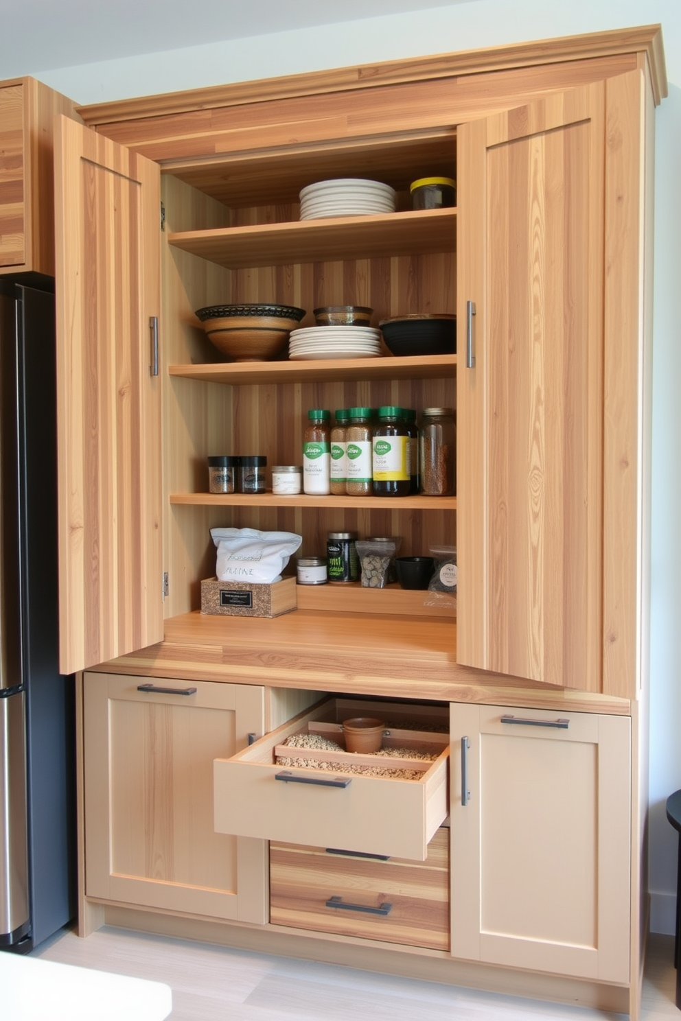 A modern kitchen pantry cabinet featuring eco-friendly materials such as bamboo and reclaimed wood. The design includes open shelving for easy access and a combination of drawers and cabinets to maximize storage efficiency. The cabinet is painted in a soft earth tone to complement the natural textures of the materials. Inside, organizers made from recycled materials keep spices and dry goods neatly arranged while promoting sustainability.