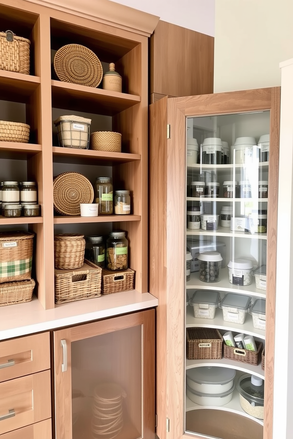 Open shelving displays a variety of decorative baskets in natural fibers and muted colors. The shelves are lined with neatly organized jars and containers, creating a visually pleasing and functional kitchen pantry. The pantry cabinet features a sleek design with a combination of wood and glass doors. Inside, the shelves are filled with labeled baskets and clear containers, ensuring easy access to all pantry essentials.