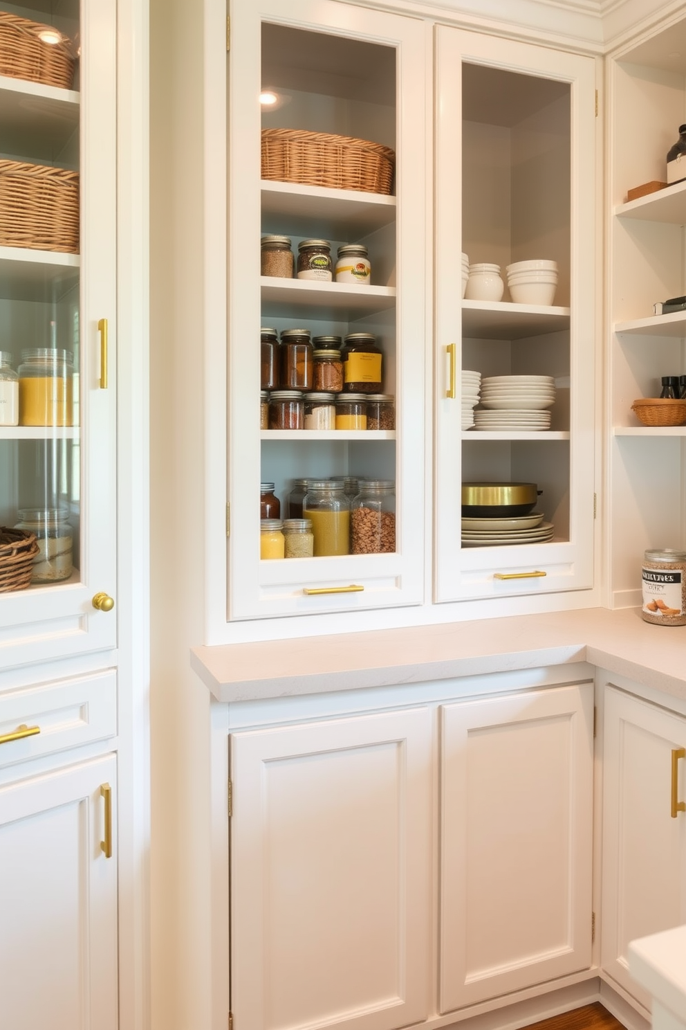 A stylish pantry featuring a blend of open and closed storage solutions. The cabinetry is painted in a soft white finish, with sleek brass handles that add a touch of elegance. Open shelves display neatly arranged jars and baskets, showcasing a variety of colorful ingredients. Below, closed cabinets provide ample space for storing larger items, maintaining a clean and organized look.