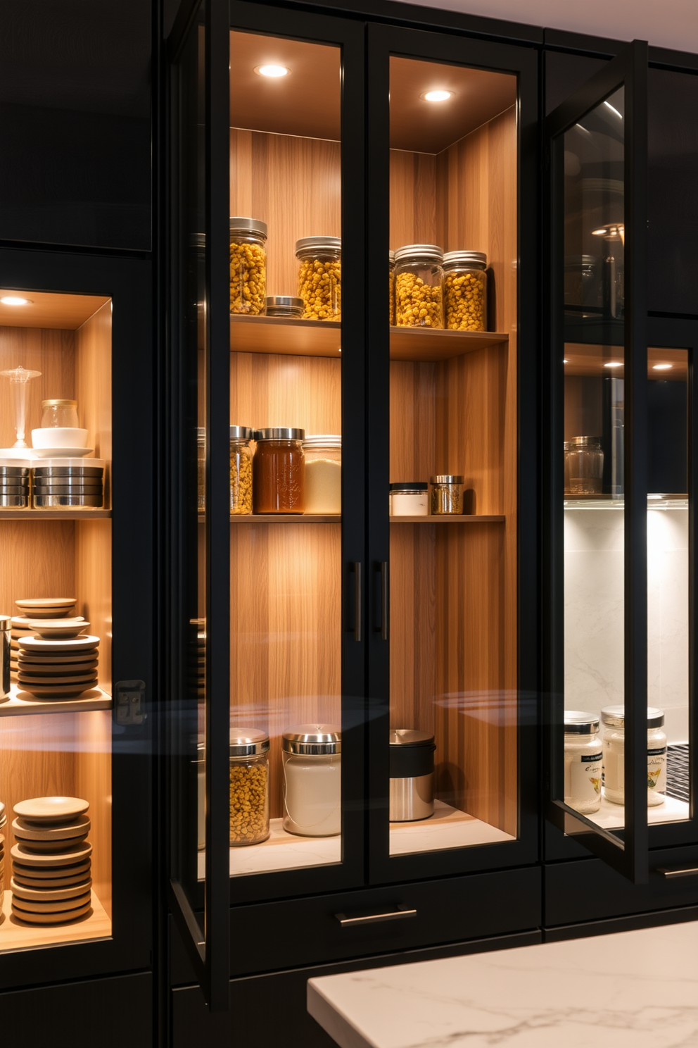 A contemporary kitchen pantry featuring glass front cabinets that showcase neatly organized jars and containers. The cabinets are framed in sleek black metal, contrasting beautifully with the warm wooden shelves inside. Soft ambient lighting illuminates the contents, creating an inviting atmosphere. A stylish countertop below the cabinets serves as a functional workspace, enhancing the overall aesthetic of the kitchen.