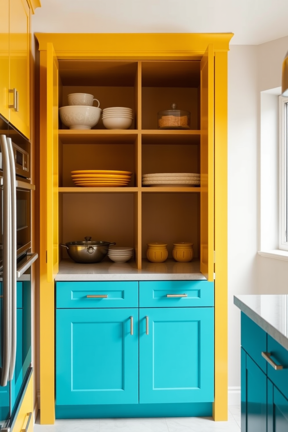 Colorful pantry doors create vibrant accents that enhance the overall kitchen aesthetic. The pantry features a sleek cabinet design with bold hues like turquoise and sunny yellow, making it a focal point in the space.