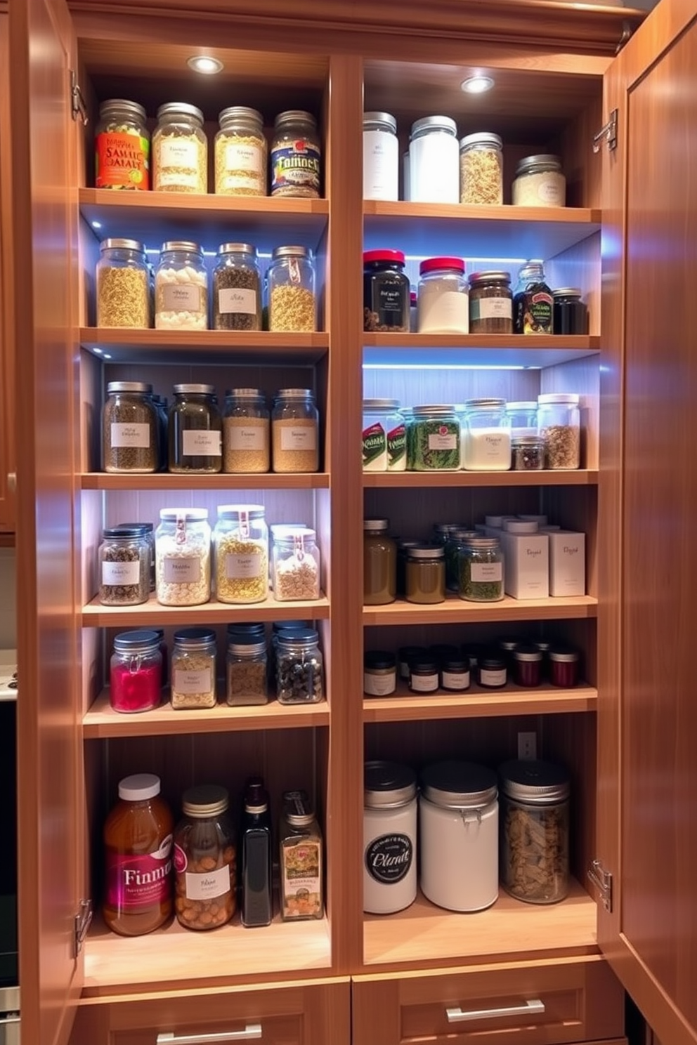 A stylish kitchen pantry cabinet features ladder-style shelving that maximizes vertical space. The shelves are filled with neatly organized jars and containers, showcasing a variety of colorful ingredients and kitchen essentials. The cabinet has a warm wood finish with a contemporary design, blending seamlessly with the kitchen decor. Soft ambient lighting highlights the contents, creating an inviting and functional storage area.