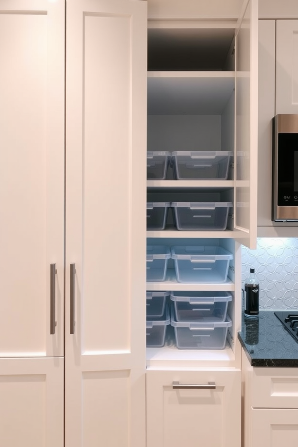 A modern kitchen pantry cabinet with pull-out drawers for organized storage. The cabinet features sleek white cabinetry with brushed nickel handles and is illuminated by soft under-cabinet lighting. Inside, the pull-out drawers are designed for easy access and feature clear storage bins to keep pantry items visible. The pantry is accented with a stylish backsplash in a subtle geometric pattern, enhancing the overall aesthetic of the kitchen.