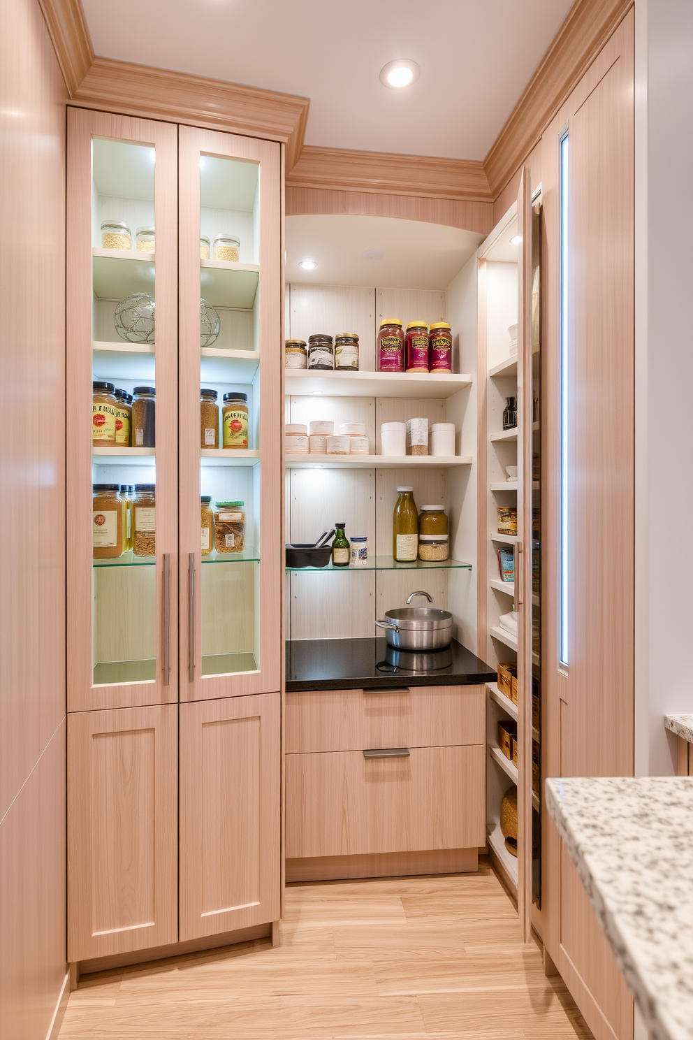 A spacious built-in pantry with integrated lighting creates an inviting and functional space. The pantry features sleek cabinetry with a light wood finish and glass-front doors that showcase neatly organized shelves. Soft LED lights illuminate the interior, highlighting jars of spices and neatly stacked containers. A small countertop area provides space for meal prep, while a pull-out drawer offers easy access to cooking essentials.