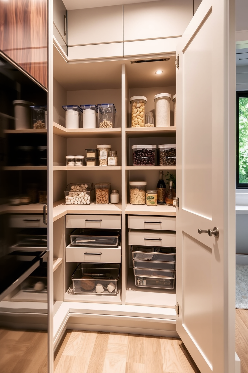 A corner pantry designed to maximize small spaces features a sleek cabinet with open shelving for easy access to essentials. The interior is organized with pull-out drawers and clear containers, ensuring a clutter-free environment while maintaining a modern aesthetic.