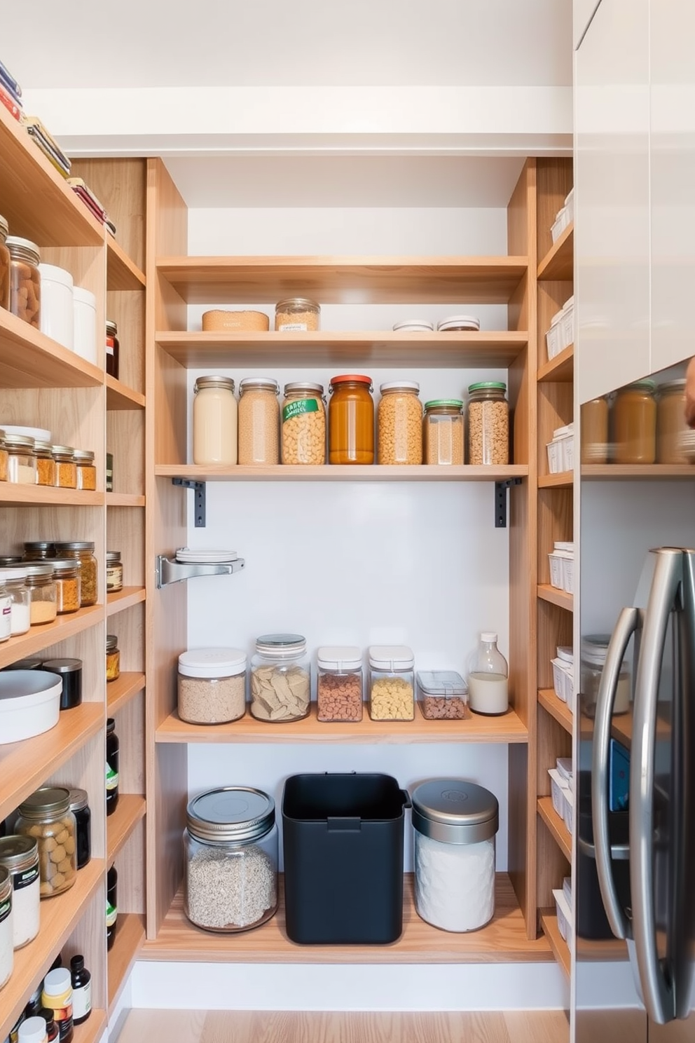 A modern kitchen pantry featuring open shelving that showcases neatly arranged jars and containers for easy access to everyday items. The shelves are made of natural wood, and the walls are painted a crisp white, creating a bright and airy feel.