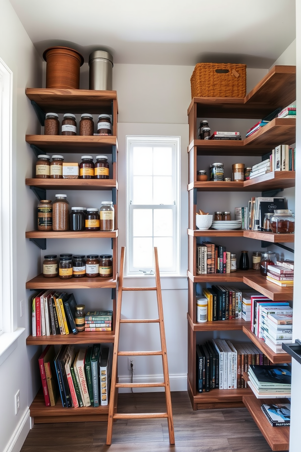 A modern kitchen pantry featuring open shelving for easy access storage. The shelves are made of reclaimed wood and are filled with neatly organized jars, spices, and cookbooks. The pantry has a light and airy feel with white walls and natural light streaming in from a nearby window. A small wooden ladder leans against the shelves, providing access to the top storage areas.