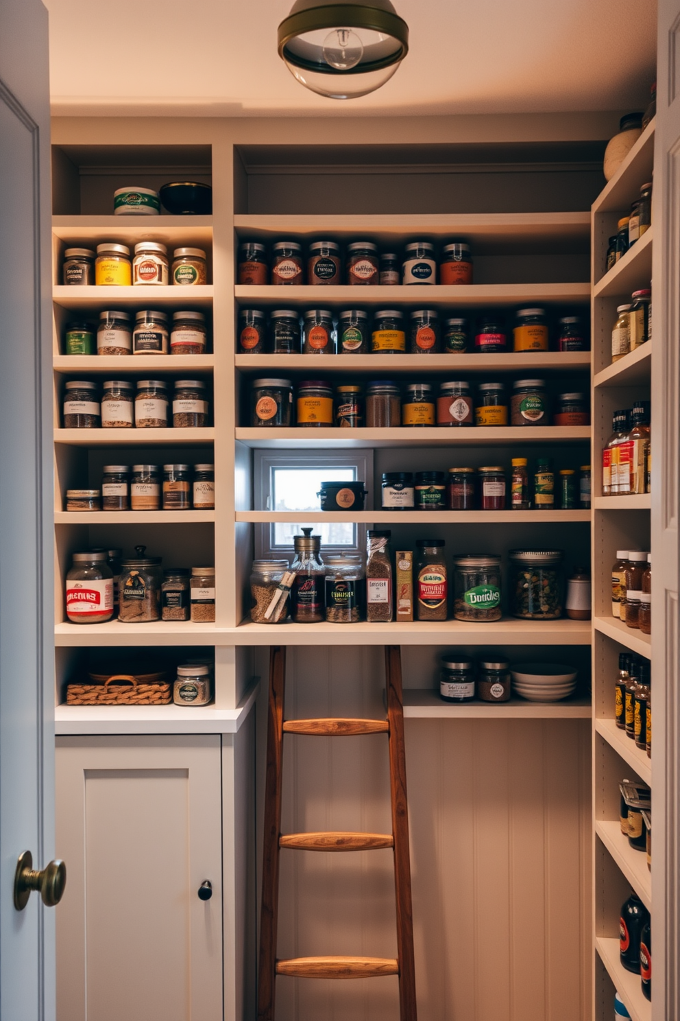 A warm and inviting kitchen pantry with shelves lined with artisanal jars and neatly organized spices. Soft ambient lighting illuminates the space, creating a cozy atmosphere that invites culinary creativity. The pantry features a combination of open and closed storage, with wooden shelves displaying colorful ingredients and a vintage ladder for easy access. A small window allows natural light to filter in, enhancing the inviting feel of the room.