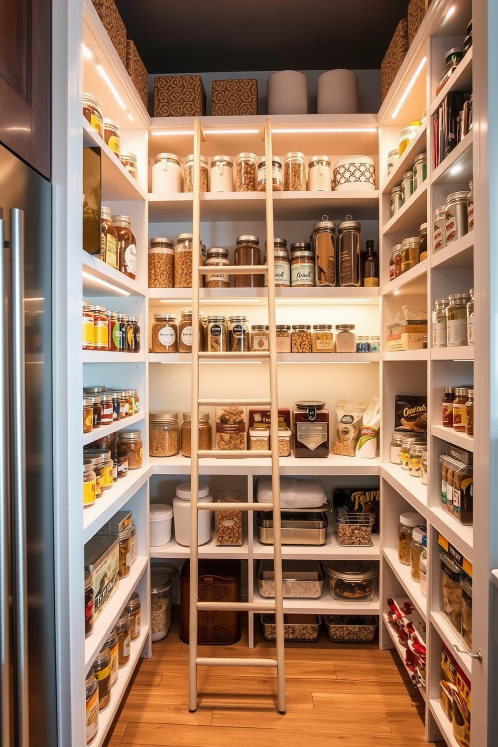 A vertical kitchen pantry design featuring tall, open shelving that utilizes the full height of the walls. The shelves are filled with organized jars and containers, showcasing a variety of spices, grains, and snacks for easy access. Incorporating a sliding ladder to reach the top shelves adds both functionality and a stylish touch. The pantry is illuminated with warm lighting to create an inviting atmosphere while showcasing the neatly arranged items.