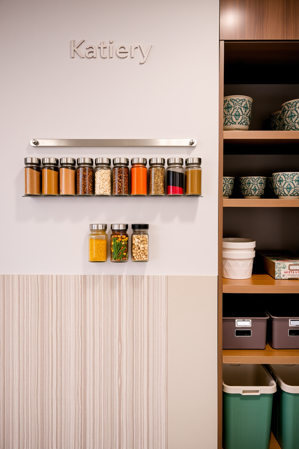 Magnetic spice containers are arranged neatly on a sleek wall-mounted strip, showcasing a variety of colorful spices in glass jars. The kitchen features a modern pantry with open shelving, allowing easy access to ingredients and decorative storage bins that complement the overall design.