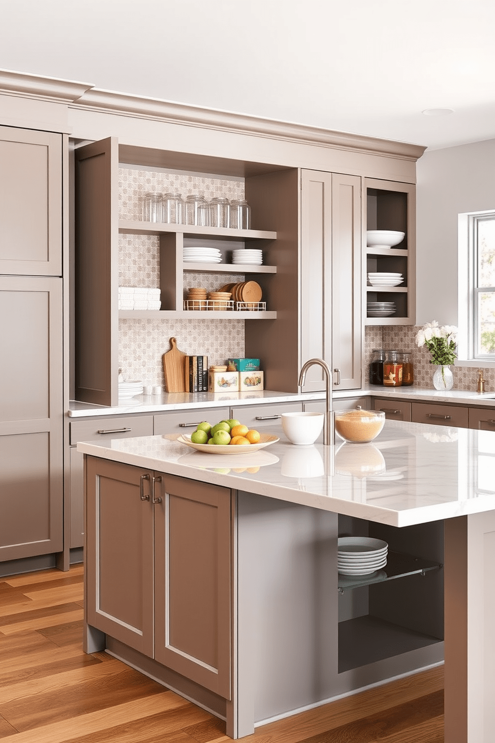 A multi-functional kitchen island features ample pantry storage with sleek cabinetry and open shelving. The island is topped with a durable quartz surface, providing space for meal prep and casual dining.