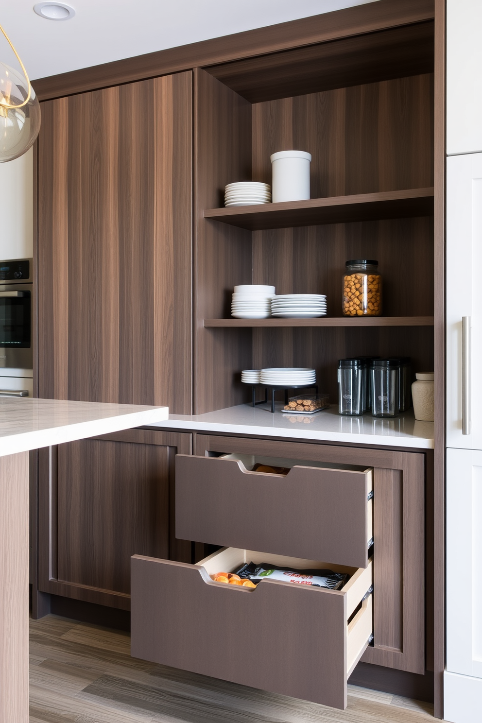 A multi-functional kitchen island features ample pantry storage integrated seamlessly into its design. The island includes deep drawers and shelves, providing easy access to cooking essentials while maintaining a sleek and modern aesthetic.