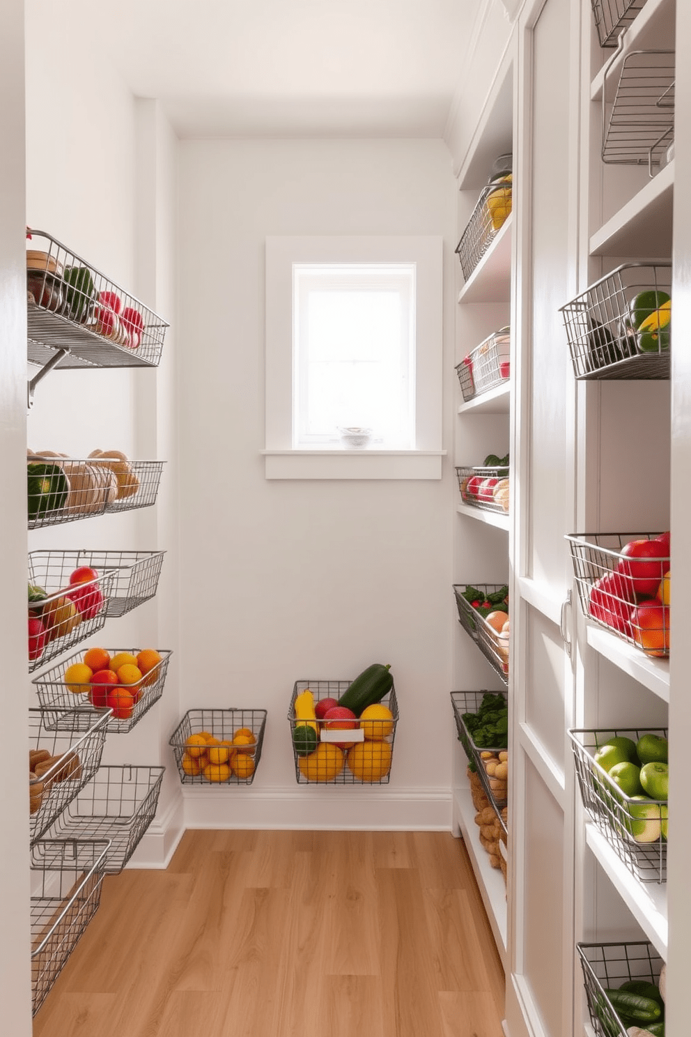 A modern kitchen pantry featuring wire baskets for breathable food storage. The walls are painted in a soft white hue, and the shelves are lined with neatly organized wire baskets filled with fresh fruits and vegetables. Natural light streams in through a small window, illuminating the space and enhancing the fresh feel. The pantry floor is made of light wood, creating a warm and inviting atmosphere.