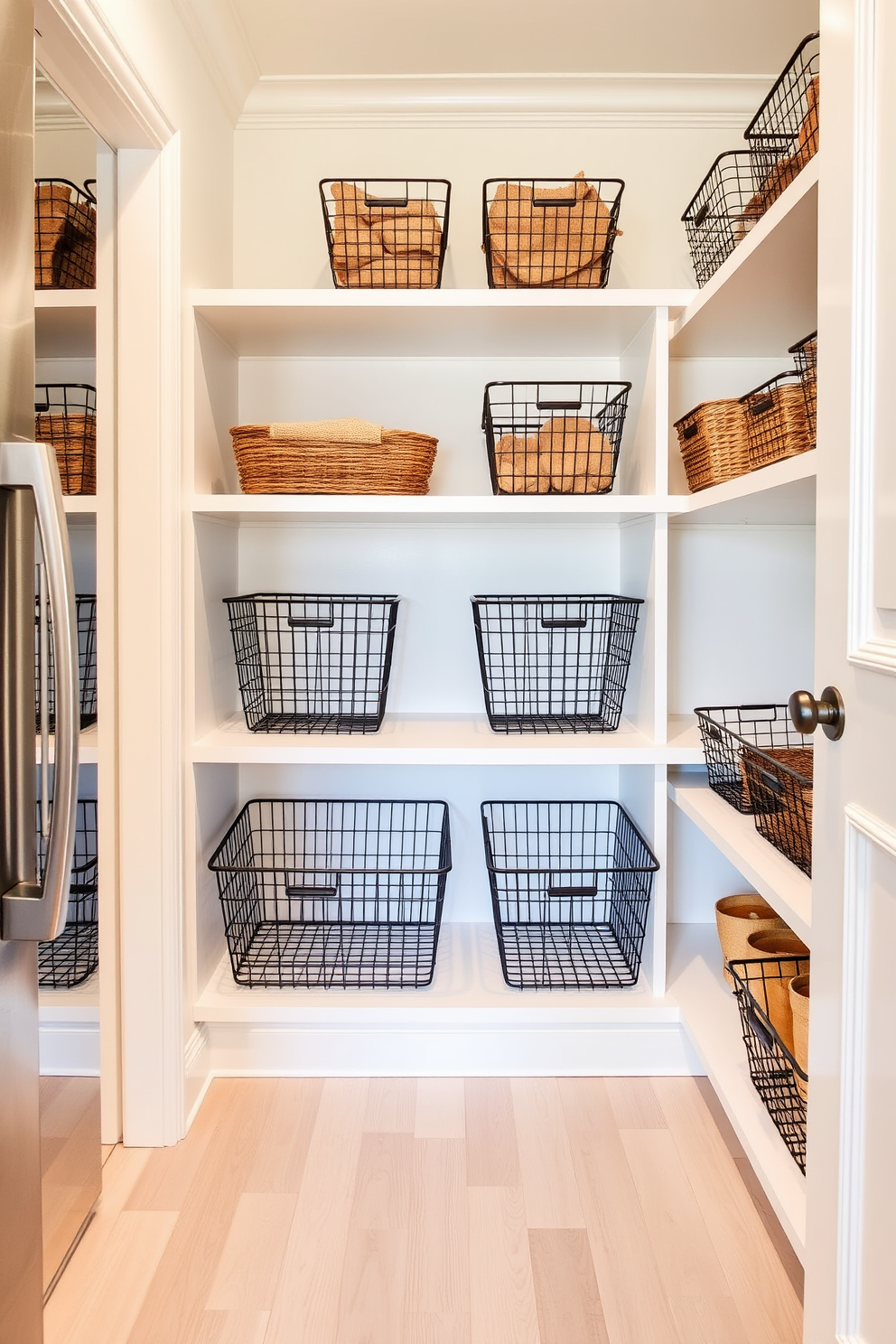 A stylish kitchen pantry featuring wire baskets arranged on open shelving. The walls are painted in a soft white hue, creating a bright and airy atmosphere while the floor showcases light wood planks for warmth.