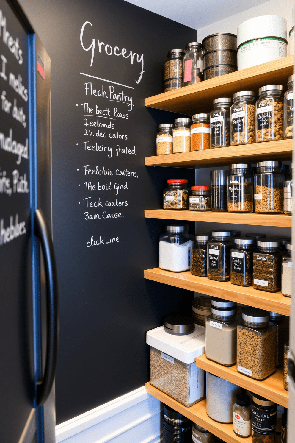 A kitchen pantry featuring a chalkboard wall for grocery lists. The pantry is organized with wooden shelves filled with glass jars and labeled containers for easy access to ingredients.