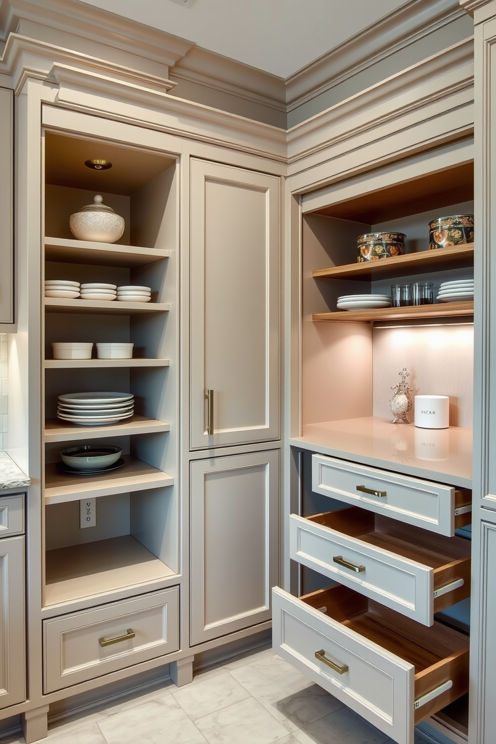 Custom cabinetry designed for a seamless look enhances the overall aesthetic of the kitchen. The pantry features elegant built-in shelves and drawers that blend effortlessly with the surrounding cabinetry. Incorporate soft-close mechanisms for a functional yet luxurious touch. A combination of open and closed storage options adds both style and practicality to the pantry space.