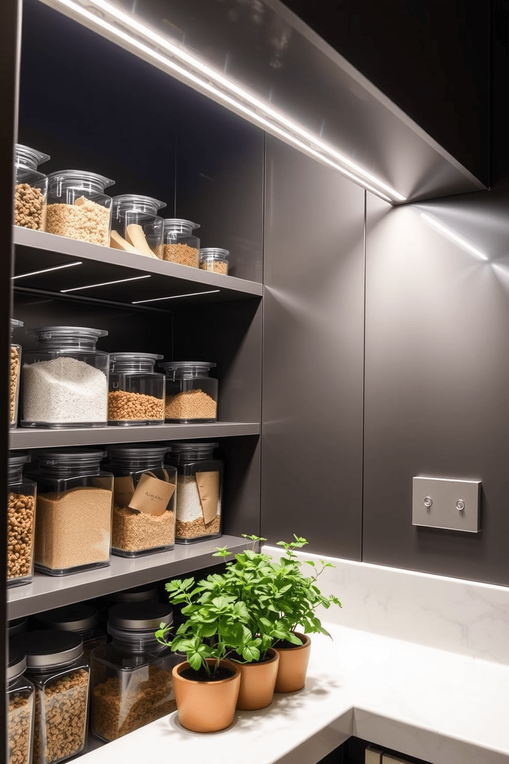 A modern kitchen pantry featuring sleek LED strip lighting installed along the shelves for enhanced visibility. The pantry is organized with clear glass containers for dry goods, and a small herb garden sits on the countertop, adding a touch of greenery.