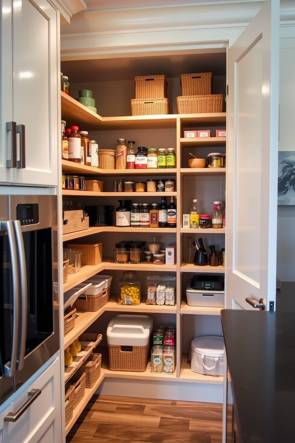 A corner pantry designed for optimal space efficiency. It features custom shelving that maximizes storage and allows easy access to ingredients and kitchen tools.