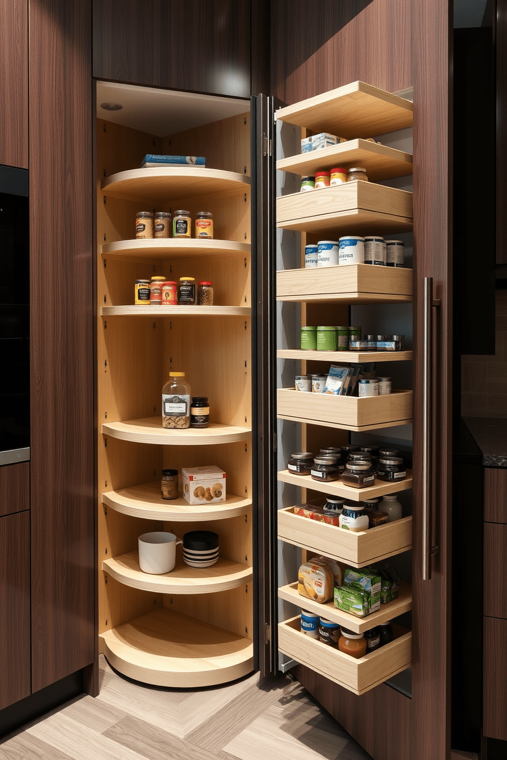 A corner pantry featuring rotating shelves designed for maximum storage efficiency. The shelves are made of light wood and are adjustable to accommodate various pantry items, with a sleek door that blends seamlessly into the kitchen cabinetry.