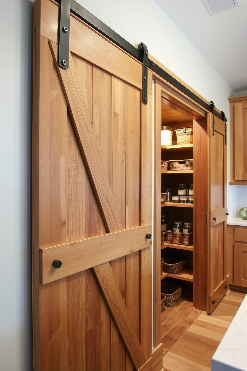 A stylish sliding barn door made of reclaimed wood serves as a chic entrance to the kitchen. The door features intricate metal hardware that complements the rustic aesthetic of the space. The kitchen pantry is designed with open shelving made of natural wood, showcasing neatly arranged jars and baskets. Soft, ambient lighting illuminates the pantry, creating a warm and inviting atmosphere.