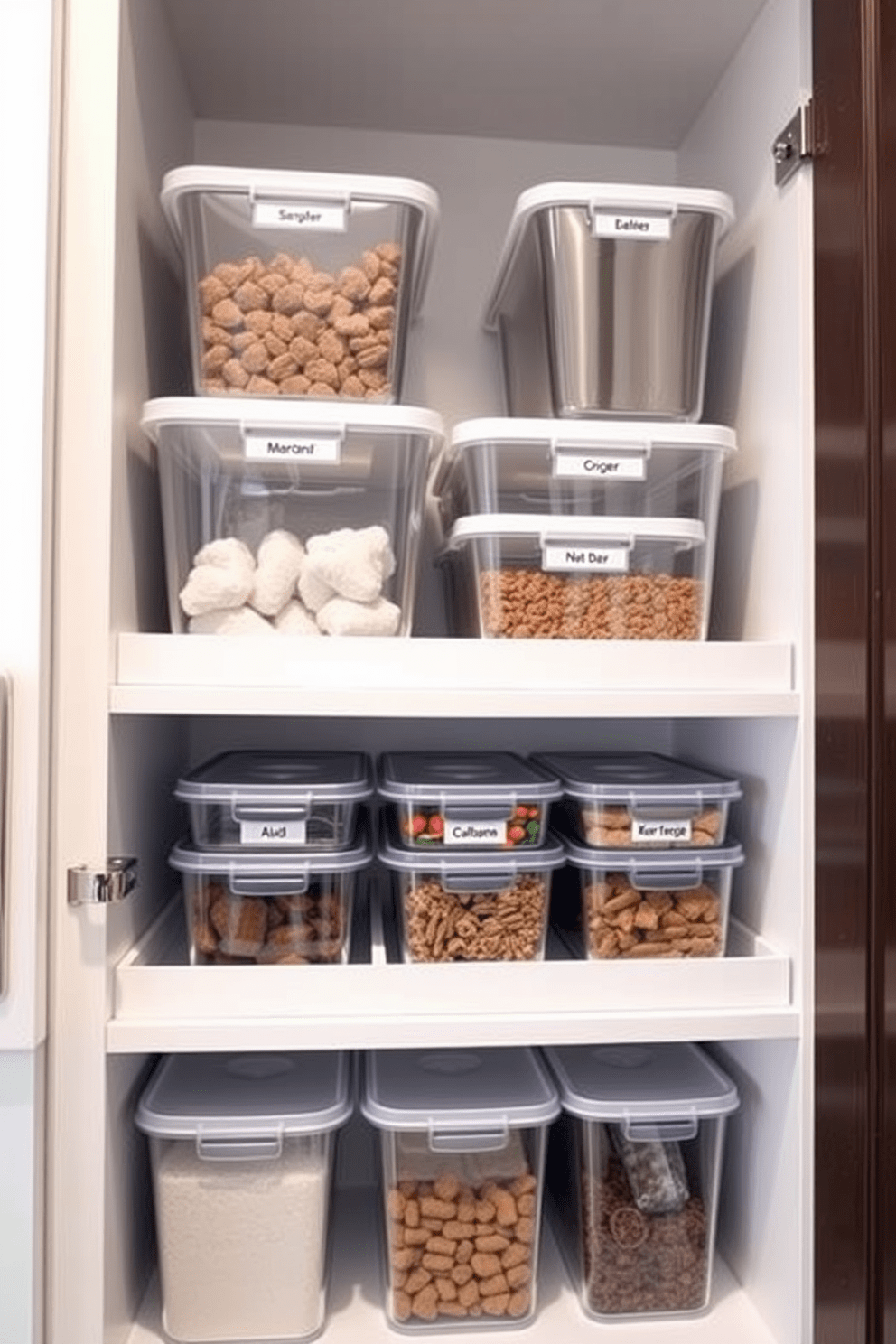 A modern kitchen pantry featuring stackable containers that maximize space efficiency. The containers are clear and organized on open shelving, with labels for easy identification.