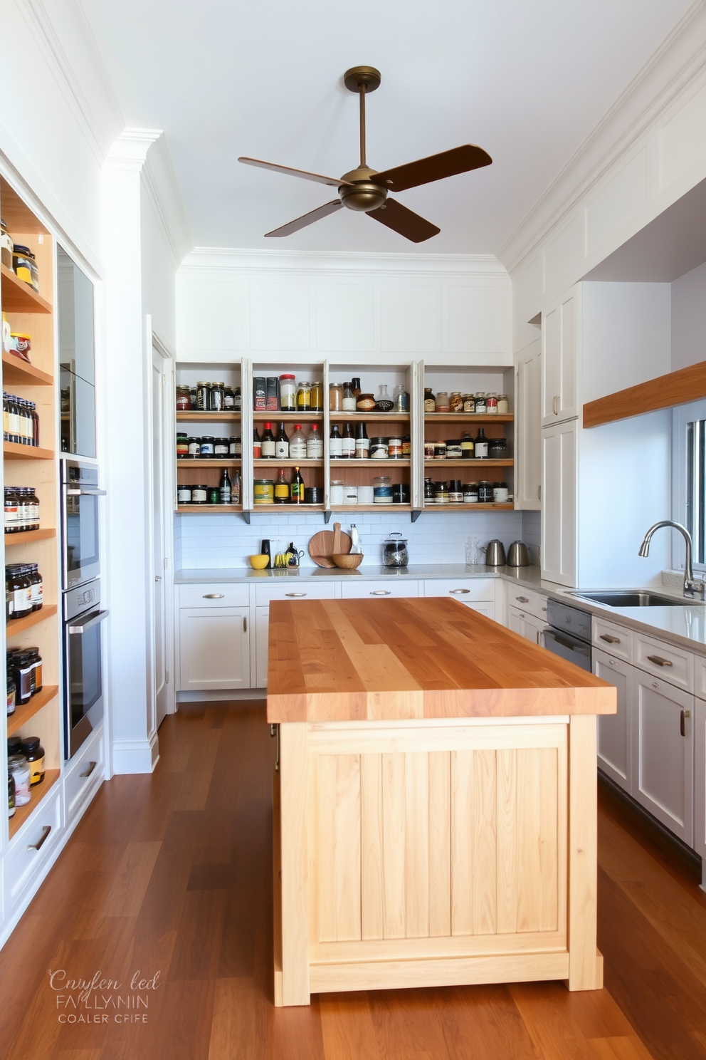 Open concept pantry with a seamless view of the kitchen. The pantry features open shelving made of reclaimed wood, displaying a variety of jars and spices for easy access. The walls are painted in a soft white, creating a bright and airy atmosphere. A large island with a butcher block top sits in the center, providing additional prep space and storage underneath.