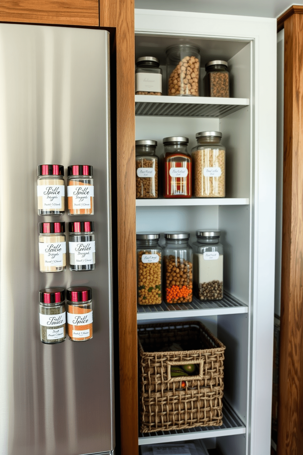 Magnetic spice jars are neatly attached to the side of a sleek stainless steel fridge. The jars are labeled with elegant typography, adding a touch of sophistication to the kitchen. The kitchen pantry features open shelving with a combination of wooden and metal elements. Glass jars filled with colorful spices and ingredients are displayed alongside stylish baskets for storage.