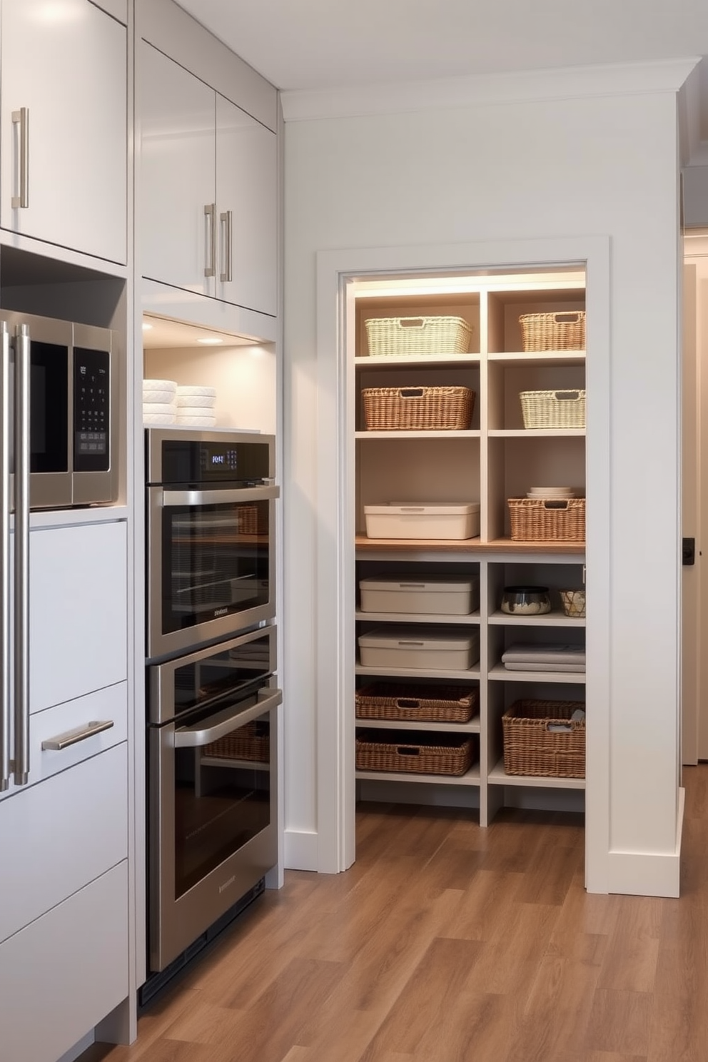 A modern kitchen featuring integrated appliances that blend seamlessly into the cabinetry. The sleek design includes a built-in refrigerator and oven, creating a cohesive and uncluttered look. A spacious pantry designed with open shelving and organized storage solutions. The walls are painted in a soft neutral color, and decorative baskets are used to keep items tidy and accessible.