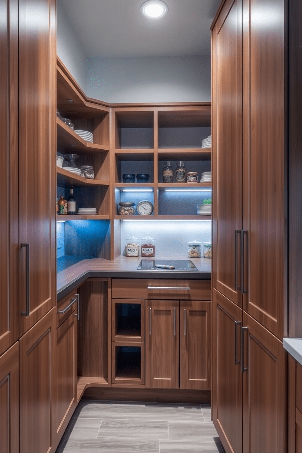 Customized cabinetry for personalized design. The kitchen pantry features sleek wooden cabinets with a mix of open shelving and closed storage, allowing for both display and organization. The cabinetry is designed with a warm color palette that complements the overall kitchen aesthetic. Soft LED lighting highlights the pantry's interior, creating an inviting atmosphere for meal prep and storage.