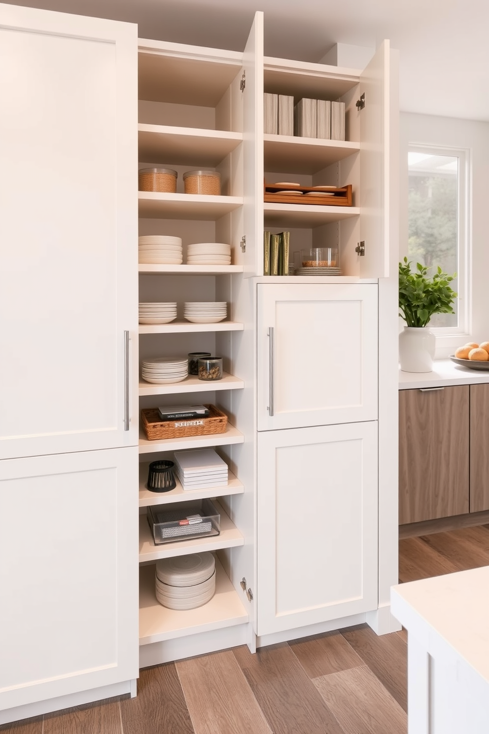 Tall pantry cabinets designed for maximum storage efficiency. The cabinets feature a sleek finish with integrated handles and adjustable shelves for versatile organization.