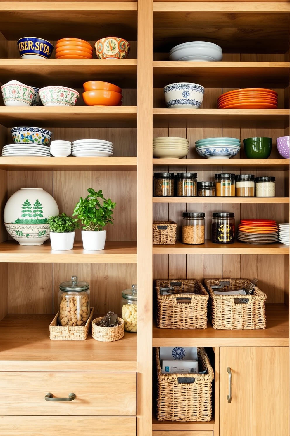 Open shelving displays a curated selection of decorative accents including vibrant dishware and potted herbs. The pantry features a warm wood finish with organized baskets and jars, creating an inviting and functional space.